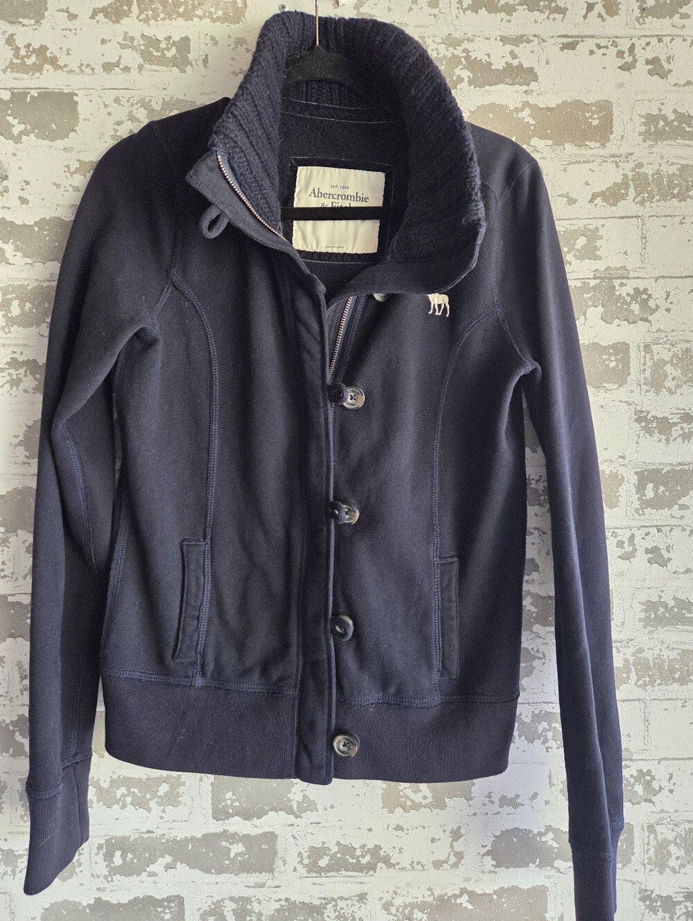 Abercrombie & Fitch Navy Blue Full-Zip Button Fleece Jacket Coat Mock Neck Large